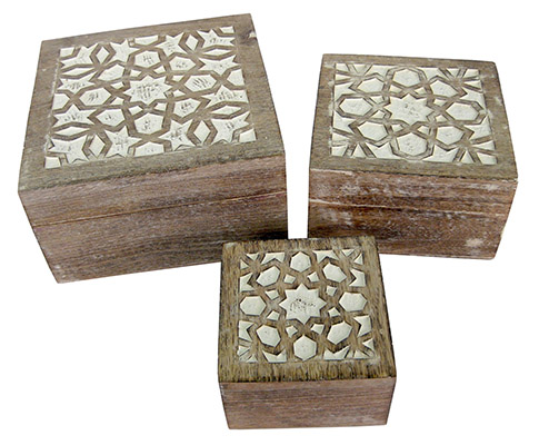 Mango Wood Set Of 3 Square Boxes Star Design Burnt White Finish - Click Image to Close